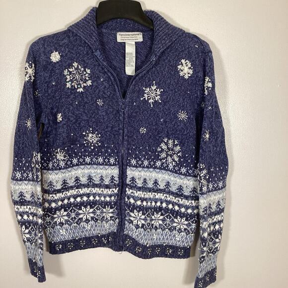 Tiara international Sweaters - Tiara International Vintage Holiday Sweater Zip Up Snowflakes Beaded Medium Xmas
